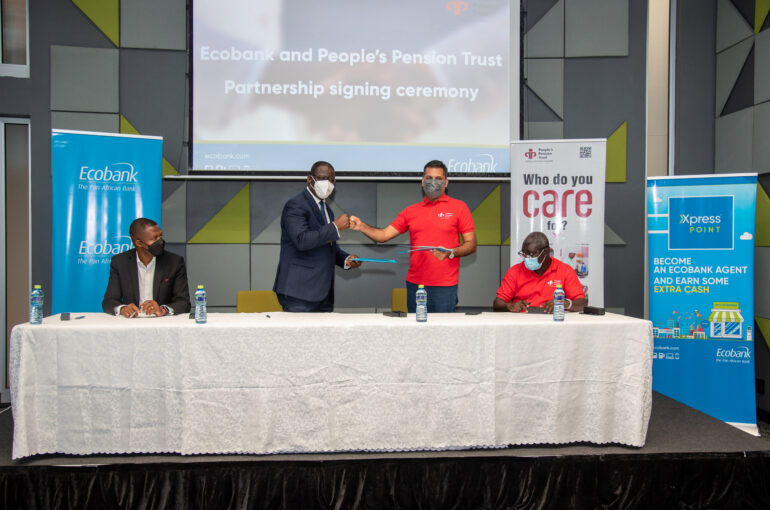 People's Pension and Ecobank Heads exchanging the signed agreement.
